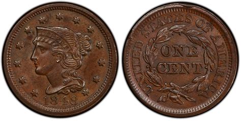 1848 1C Newcomb 11 BN Regular Strike Braided Hair Cent PCGS CoinFacts