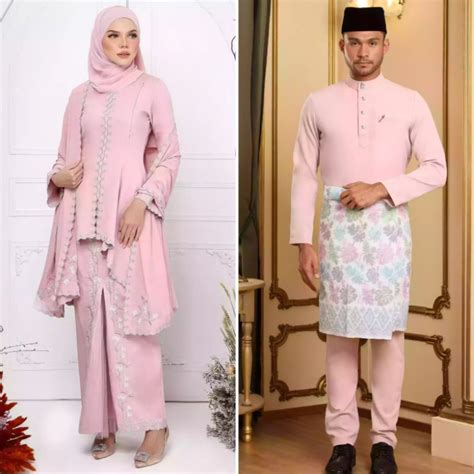 Raya Tahira Kebaya Sulam Veil Baju Melayu Couple Dusty Pink