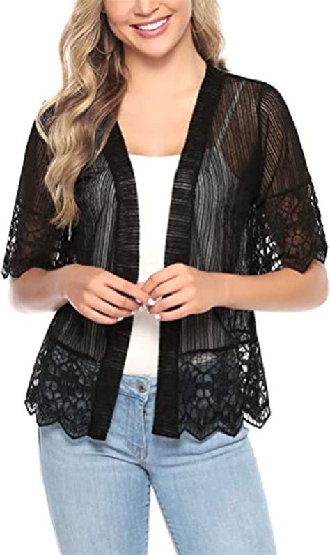 Zzlbuf Women Lace Crochet Shrug Open Front Mesh Cardigans Half Sleeve