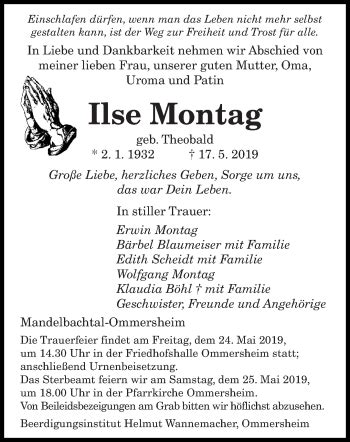 Traueranzeigen Von Ilse Montag Saarbruecker Zeitung Trauer De