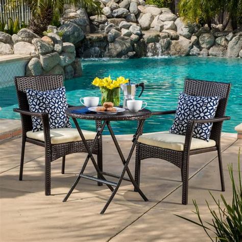 Noble House Elba Brown 3 Piece Faux Rattan Round Outdoor Bistro Set