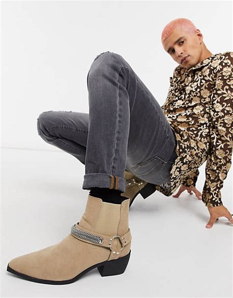 Asos Design Cuban Heel Western Chelsea Boots In Stone Faux Suede With Chain Detail And Angular