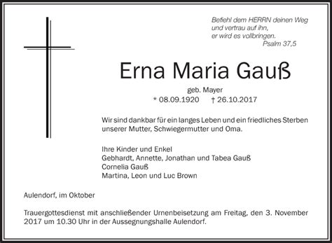 Traueranzeigen von Erna Maria Gauß schwaebische de Trauerportal