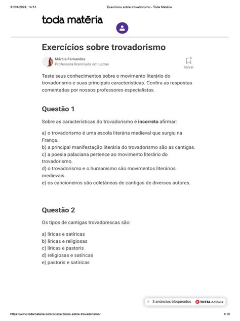 Questões Sobre O Trovadorismo - Exercícios Sobre Trovadorismo - Toda Matéria | PDF