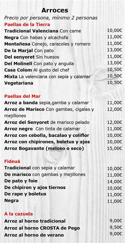 Carta Restaurante Casa Colom