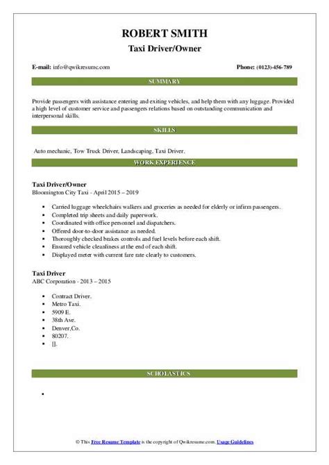 Taxi Driver Resume Samples Qwikresume