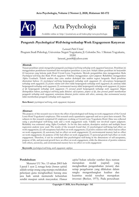 Pdf Pengaruh Psychological Well Being Terhadap Work Engagement Karyawan