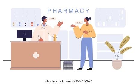 Pharmacy Pharmacist Client Counter Drugstore Cartoon Stock Vector