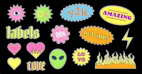 Set Of Y2k Bright Cheerful Vector Stickers And Labels On A Black