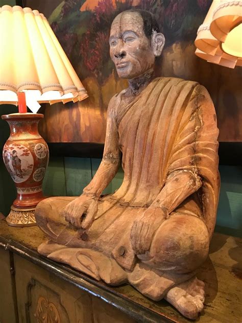 Large 19th Century Hand Carved Sculpture Seated Buddhist Monk Statue