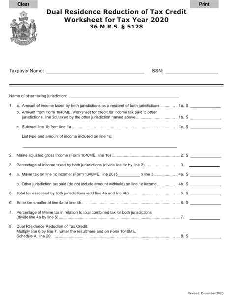 Maine Dual Residence Reduction Of Tax Credit Worksheet Fill Out