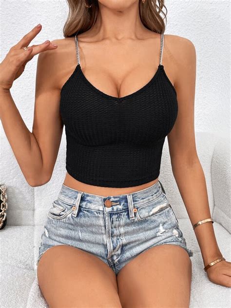 Shein Frenchy Solid Chain Detail Crop Cami Top Shein Usa