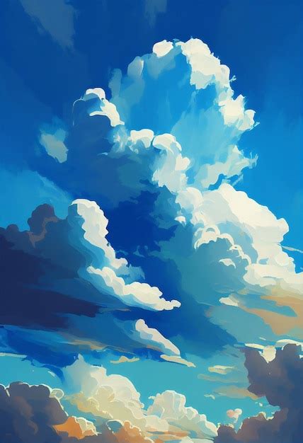 Premium AI Image | A painting of a blue sky with clouds and a cloudy sky.