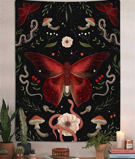 Witchy Red Moth Vertical Tapestry Aesthetic Trippy Snake Floral