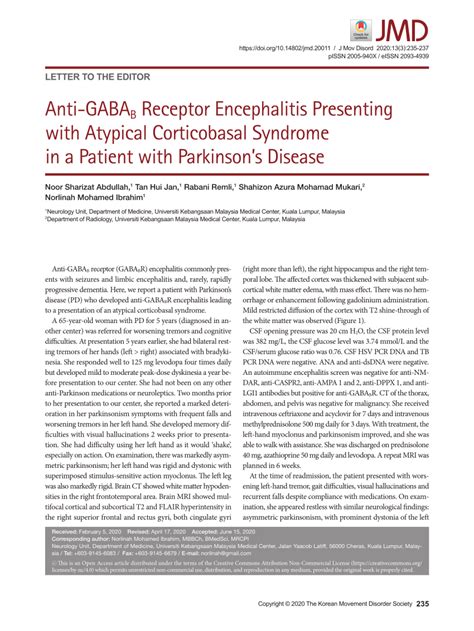 Pdf Anti Gabab Receptor Encephalitis Presenting With Atypical Corticobasal Syndrome In A