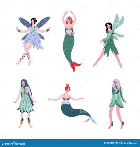 Set Of Beautiful Woman Mermaids And Fairies Cartoon Vector Illustration