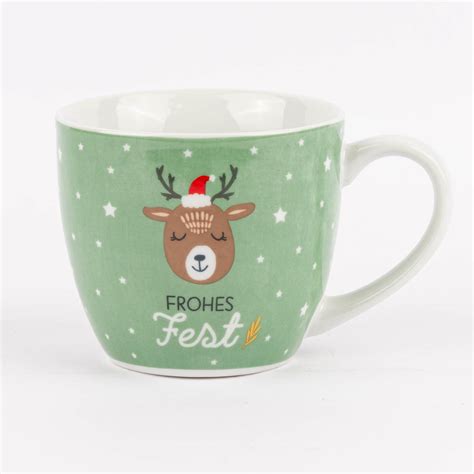 Maxi Tasse Aus Porzellan Frohes Fest Sterne Rentier Gr N Wei Braun Rot