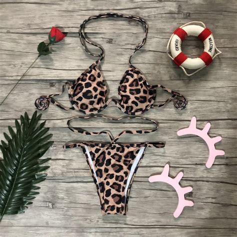 2019 Sexy Solid Thong Microbikini Women Leopard Print Swimsuit