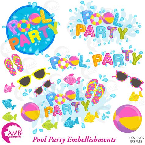 Pool Party Clipart, Titles and Embellishments, Pool Party Invitations ...