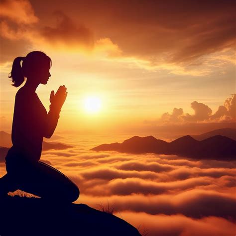 Silueta De Una Mujer Arrodillada Orando Por La Adoración De Dios En El Fondo Del Cielo Foto