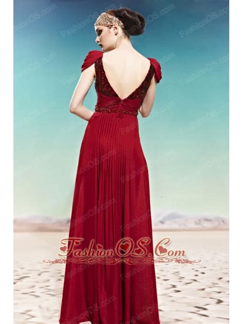 Red Empire V Neck Floor Length Chiffon Beading Prom Dress 138 15