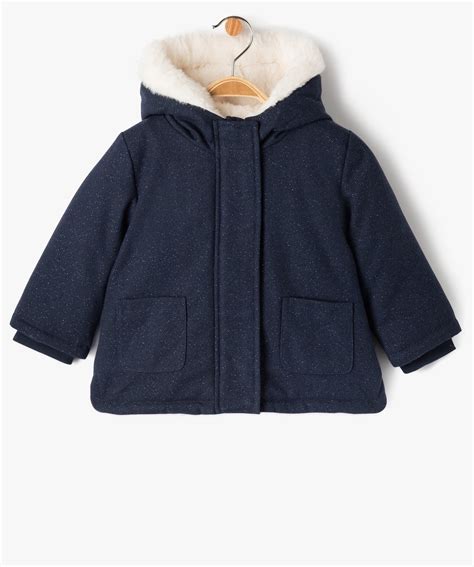 Manteau à Capuche Doublé Peluche Avec écharpe Bébé Fille Bleu Fonce Gemo