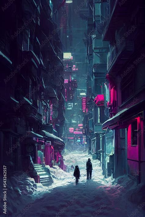 Cyberpunk Post Apocalyptic Dystopian Winter City Narrow Street Neon