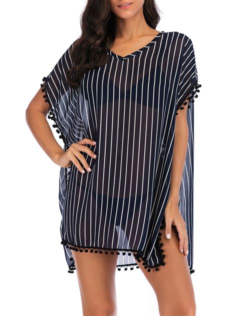 Womens Plus Size Stripe Chiffon Cover Up Tassel Swimsuit Beach Bikini Cover Ups For Swimwear