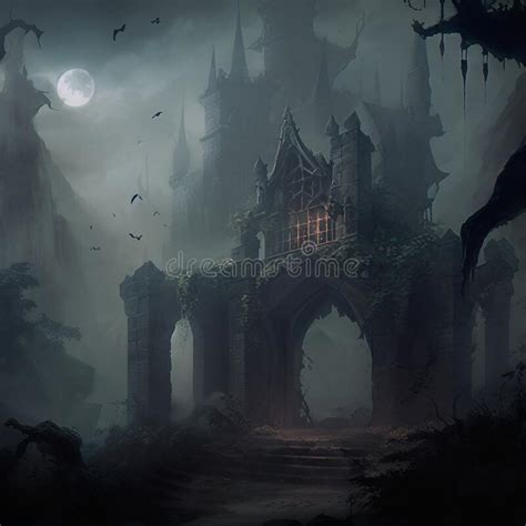 The Surroundings Of A Gloomy Gothic Castle In The Fog Stock