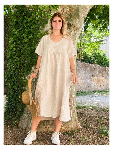 Robe Lin Tiphaine Coloris Beige Grande Taille Lagenlook Pour