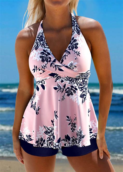 Floral Print Criss Cross Pink Tankini Top Rosewe Usd