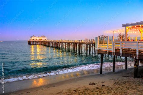 Scenic coastal landscape illuminated by night of Malibu Pier in Malibu ...