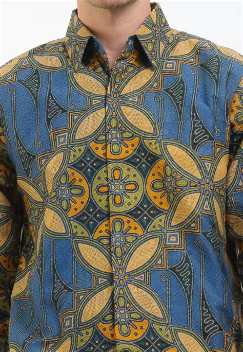 Jual Batik Kedu Kemeja Batik Motif Seno Kawung Biru Doby Lengan Panjang