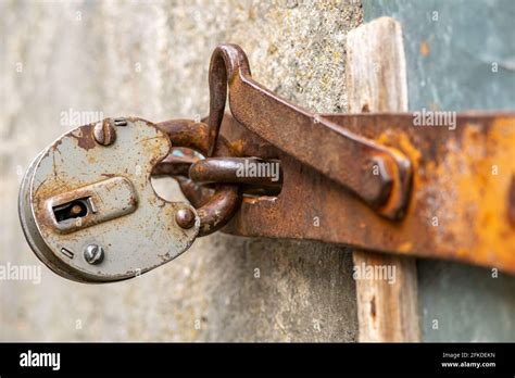 The padlock is hanging on the door. A large barn lock on a rusty door ...