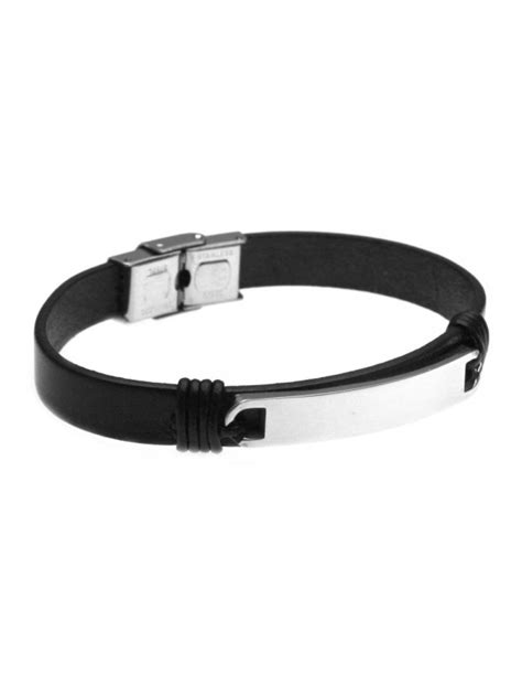 Bracciale Uomo Piastra Per Incisione Acciaio E Pelle Nera Bcc