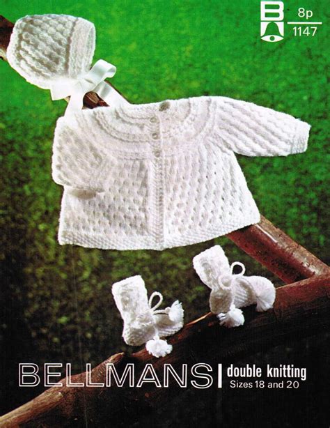 Baby Knitting Patterns Bellmans 1147 DK Matinee Jacket Bonnet And