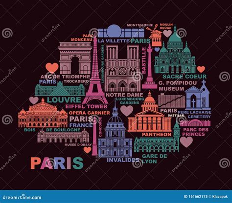 Vector Stylized Map of Paris with Landmarks and Symbols of France Stock Vector - Illustration of ...