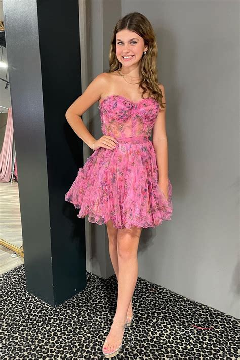 Hot Pink Strapless Ruffles A Line Homecoming Dress Floral Homecoming Dresses Homecoming