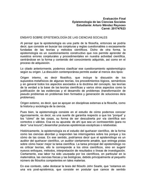 Ensayo Sobre Epistemología DE LAS Ciencias Sociales Evaluación Final