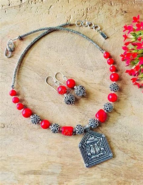 Ethnic Red Coral Beaded Handmade Gemstone Necklace Earring Set At