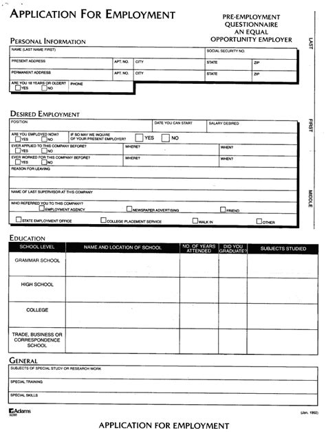 Application For Employment Pre Employment Questionnaire Fill Out