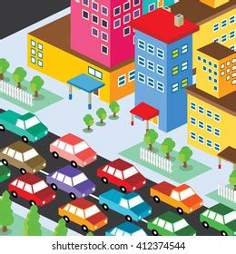 Isometric Residential View Cartoon Traffic Jam Stock Vector Royalty