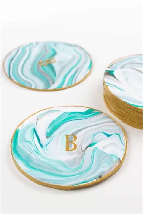 Marbled Clay Coasters With Monogram Diy Clay Crafts Marbled Clay