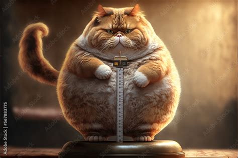 Fat Cat Standing On Scale Created With Generative AI Technology Stock