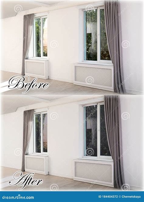 Room with Windows before and after Tinting Stock Photo - Image of