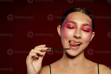 Young Beautiful Woman Pink Face Makeup Posing Attractive Look Skin Care