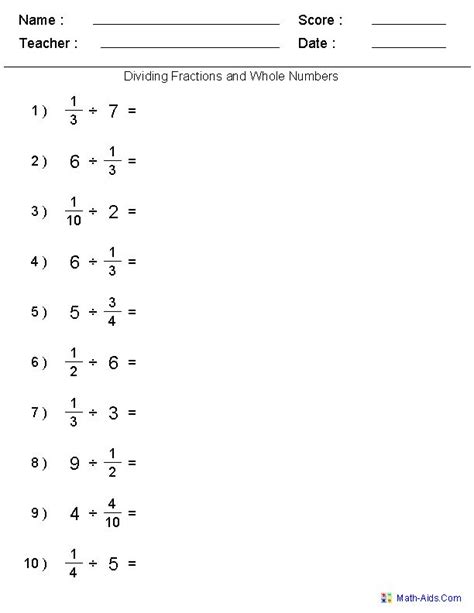 Dividing Fractions With Whole Numbers Worksheets Dividing Fractions