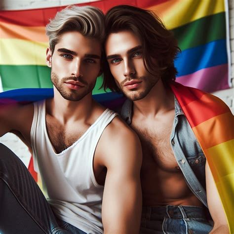 Um Belo Casal Gay As Cores Da Bandeira Do Arco Ris Posando Para Uma Sess O De Fotos Do M S