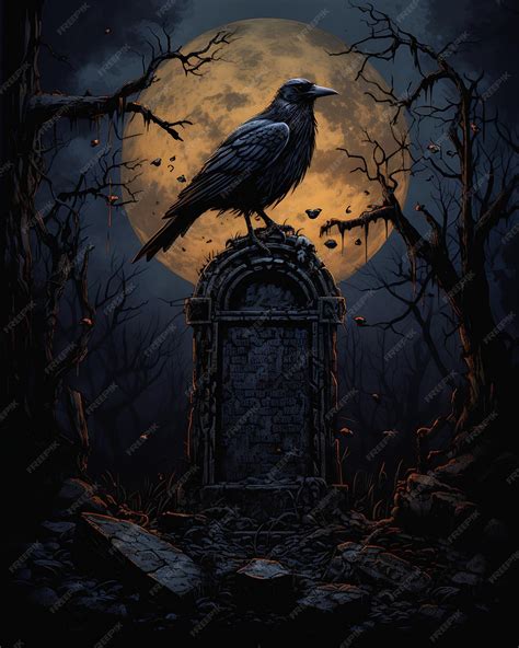 Premium Ai Image Crow Sitting Top Tombstone Front Full Moon Profile