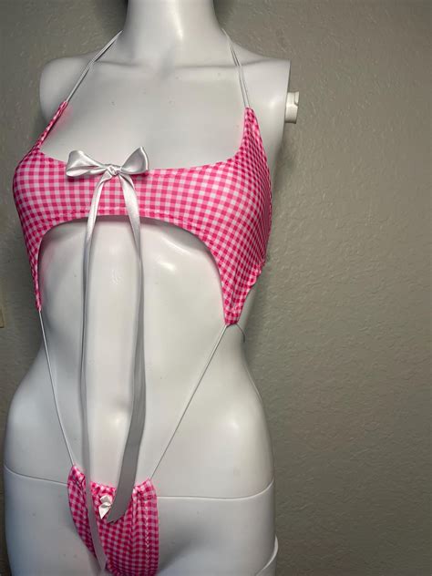 Pink Gingham Micro Slingshot Bikini Stripper Outfit Exotic Dancewear Cosplay Bikini